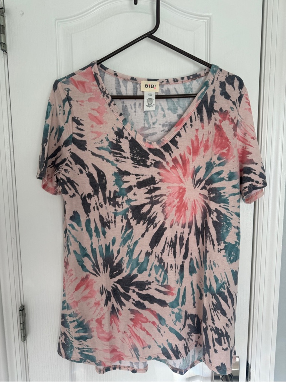 BiBi Tie-Dye V-Neck Top with Teal, Coral, & Black Accents